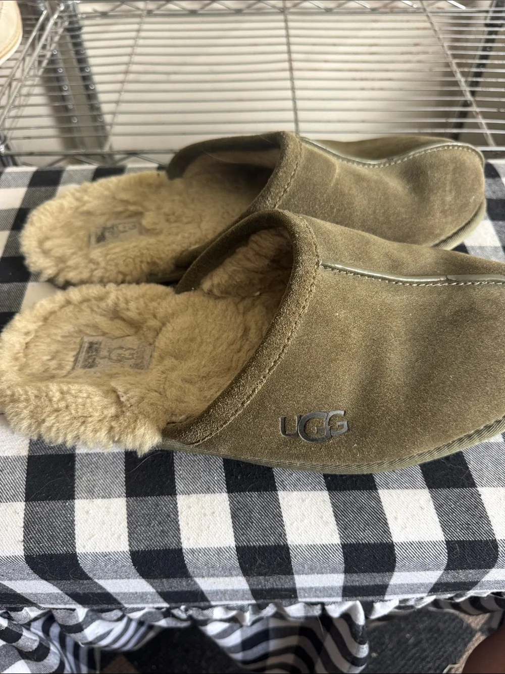 UGG Olive Suede Shearling-Lined Slip-On Slippers